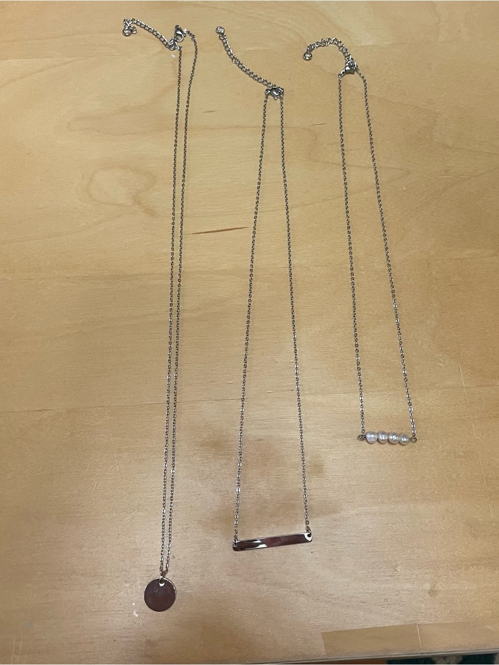 Silver Layering Necklace Trio with Disc, Bar and Pearl Accents
